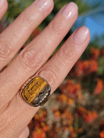 10k gold Deco carved Tiger's eye trojan warrior estate ring