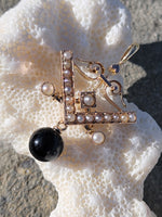 14k gold Victorian seed pearl & onyx necklace pendant lavaliere