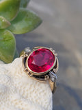 10k gold two tone c.1930's Deco fire fused ruby & diamond estate ring