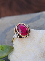 10k gold two tone c.1930's Deco fire fused ruby & diamond estate ring