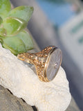 14k yellow gold c.1920's filigree mine cut diamond & quartz crystal ring