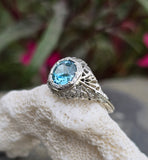 18k white gold Art Deco c.1920's natural blue zircon estate filigree ring