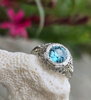 18k white gold Art Deco c.1920's natural blue zircon estate filigree ring