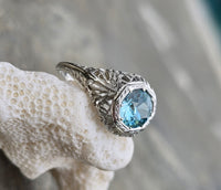 18k white gold Art Deco c.1920's natural blue zircon estate filigree ring