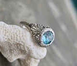 18k white gold Art Deco c.1920's natural blue zircon estate filigree ring