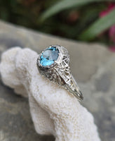 18k white gold Art Deco c.1920's natural blue zircon estate filigree ring