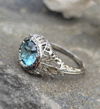 18k white gold Art Deco c.1920's natural blue zircon estate filigree ring