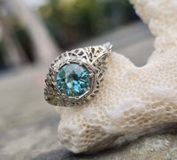 18k white gold Art Deco c.1920's natural blue zircon estate filigree ring