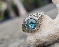 18k white gold Art Deco c.1920's natural blue zircon estate filigree ring