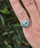 18k white gold Art Deco c.1920's natural blue zircon estate filigree ring