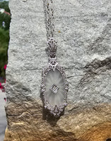 14k white gold Deco c.1920's filigree etched quartz & diamond pendant necklace