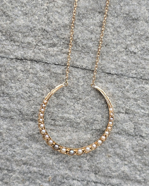 14k gold Victorian crescent seed pearl necklace pendant