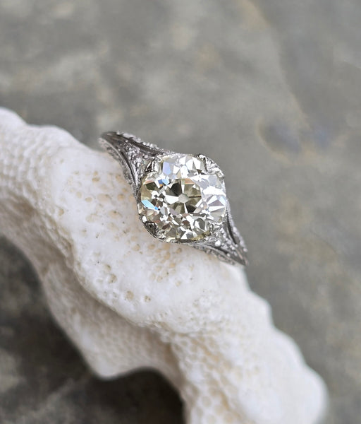 Platinum Edwardian 2.11ct mine cut diamond filigree ring