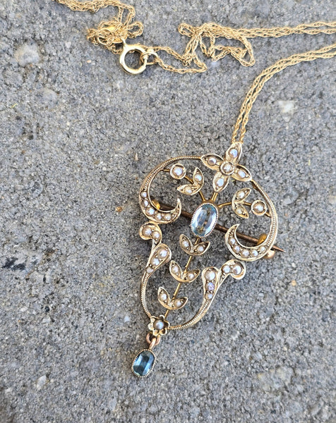9ct gold Victorian aquamarine & pearl antique necklace pendant lavaliere - pin