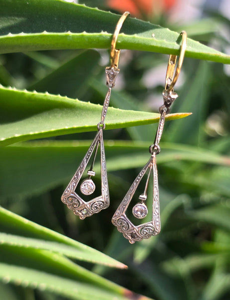 platinum & 18k gold two tone Art eco c.1930's filigree diamond antique earrings
