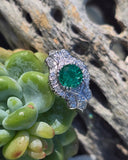 Platinum Art Deco emerald and diamond estate ring