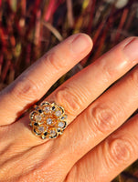 14k gold enamel & old cut diamond antique ring