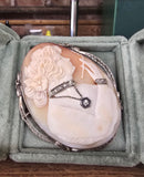 14k white gold BIG carved shell cameo & diamond habillé c.1920's estate filigree brooch pendant - RARE