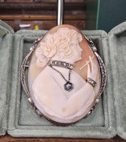 14k white gold BIG carved shell cameo & diamond habillé c.1920's estate filigree brooch pendant - RARE