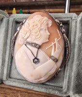 14k white gold BIG carved shell cameo & diamond habillé c.1920's estate filigree brooch pendant - RARE