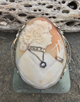 14k white gold BIG carved shell cameo & diamond habillé c.1920's estate filigree brooch pendant - RARE