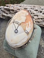 14k white gold BIG carved shell cameo & diamond habillé c.1920's estate filigree brooch pendant - RARE