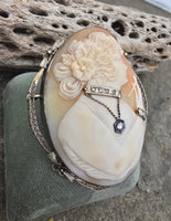 14k white gold BIG carved shell cameo & diamond habillé c.1920's estate filigree brooch pendant - RARE