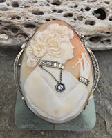 14k white gold BIG carved shell cameo & diamond habillé c.1920's estate filigree brooch pendant - RARE