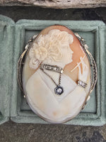 14k white gold BIG carved shell cameo & diamond habillé c.1920's estate filigree brooch pendant - RARE