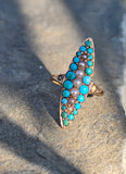 14k gold Victorian turquoise & pearl estate navette antique ring