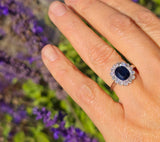 platinum blue sapphire and diamond halo antique ring