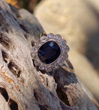 platinum blue sapphire and diamond halo antique ring