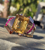 14k gold Retro mid-century c.1940's - 1950's citrine, ruby and diamond estate bracelet bangle