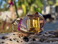 14k gold Retro mid-century c.1940's - 1950's citrine, ruby and diamond estate bracelet bangle