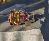 14k gold Retro mid-century c.1940's - 1950's citrine, ruby and diamond estate bracelet bangle