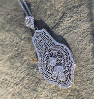 14k white gold Deco c.1920's diamond filigree necklace pendant