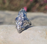 18k white gold diamond & sapphire estate Art Deco c.1920's filigree glove shield ring