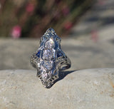 18k white gold diamond & sapphire estate Art Deco c.1920's filigree glove shield ring