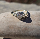 14k gold two tone old mine cut diamond solitaire antique estate ring