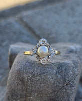 platinum & 18k gold two tone Edwardian pearl and diamond antique ring