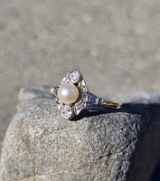 platinum & 18k gold two tone Edwardian pearl and diamond antique ring