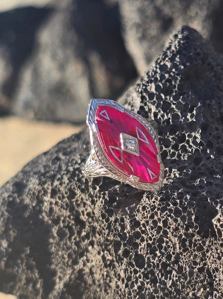 14k white gold created ruby, enamel and diamond filigree estate vintage ring