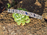 14k white gold Deco c.20's filigree diamond and blue sapphire antique bracelet