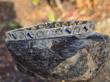 14k white gold Deco c.20's filigree diamond and blue sapphire antique bracelet