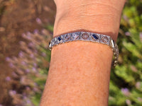 14k white gold Deco c.20's filigree diamond and blue sapphire antique bracelet