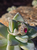 18ct gold Edwardian ruby and rose cut diamond halo ring