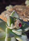 18ct gold Edwardian ruby and rose cut diamond halo ring