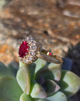 18ct gold Edwardian ruby and rose cut diamond halo ring