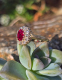 18ct gold Edwardian ruby and rose cut diamond halo ring