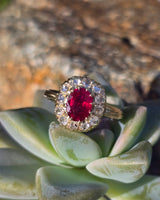 18ct gold Edwardian ruby and rose cut diamond halo ring